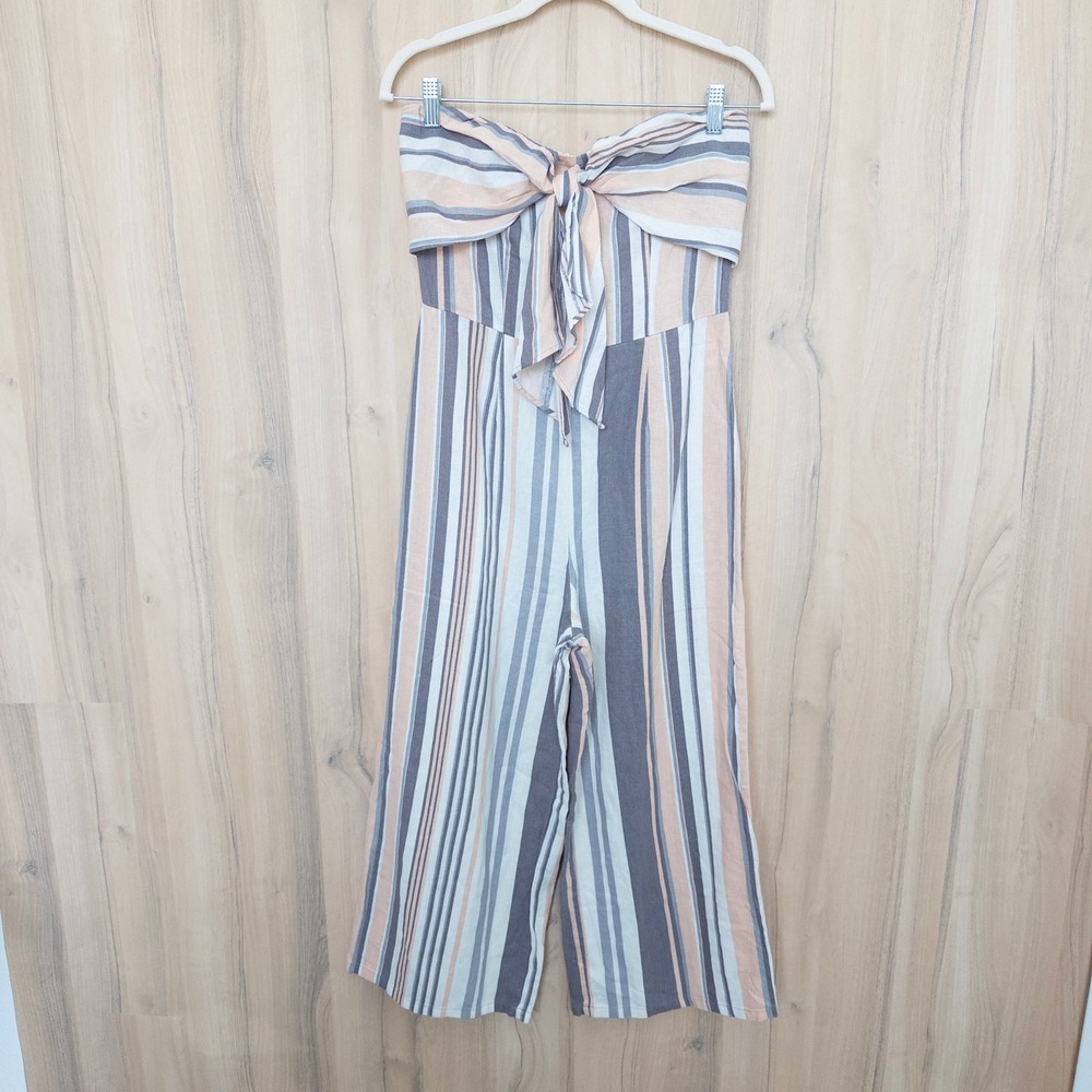 Gypsies & Moondust Linen Jumpsuit XS/5 Striped Strapless Wide Leg Boho Coastal